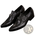 Men genuine leather pointed toe dress shoes in black with slip-on design and decorative metal chain buckle