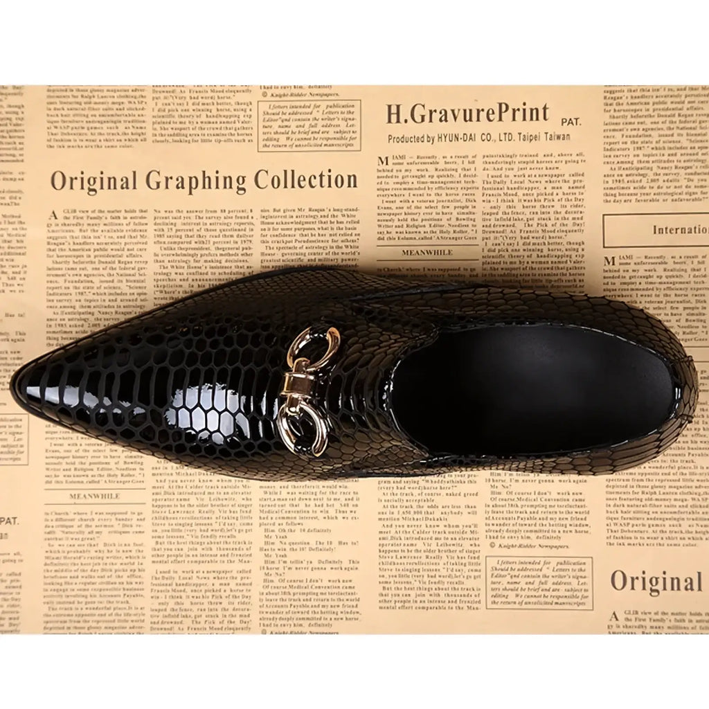 Black crocodile-patterned leather handbag with silver-toned clasp and chain strap complementing men genuine leather dress shoes