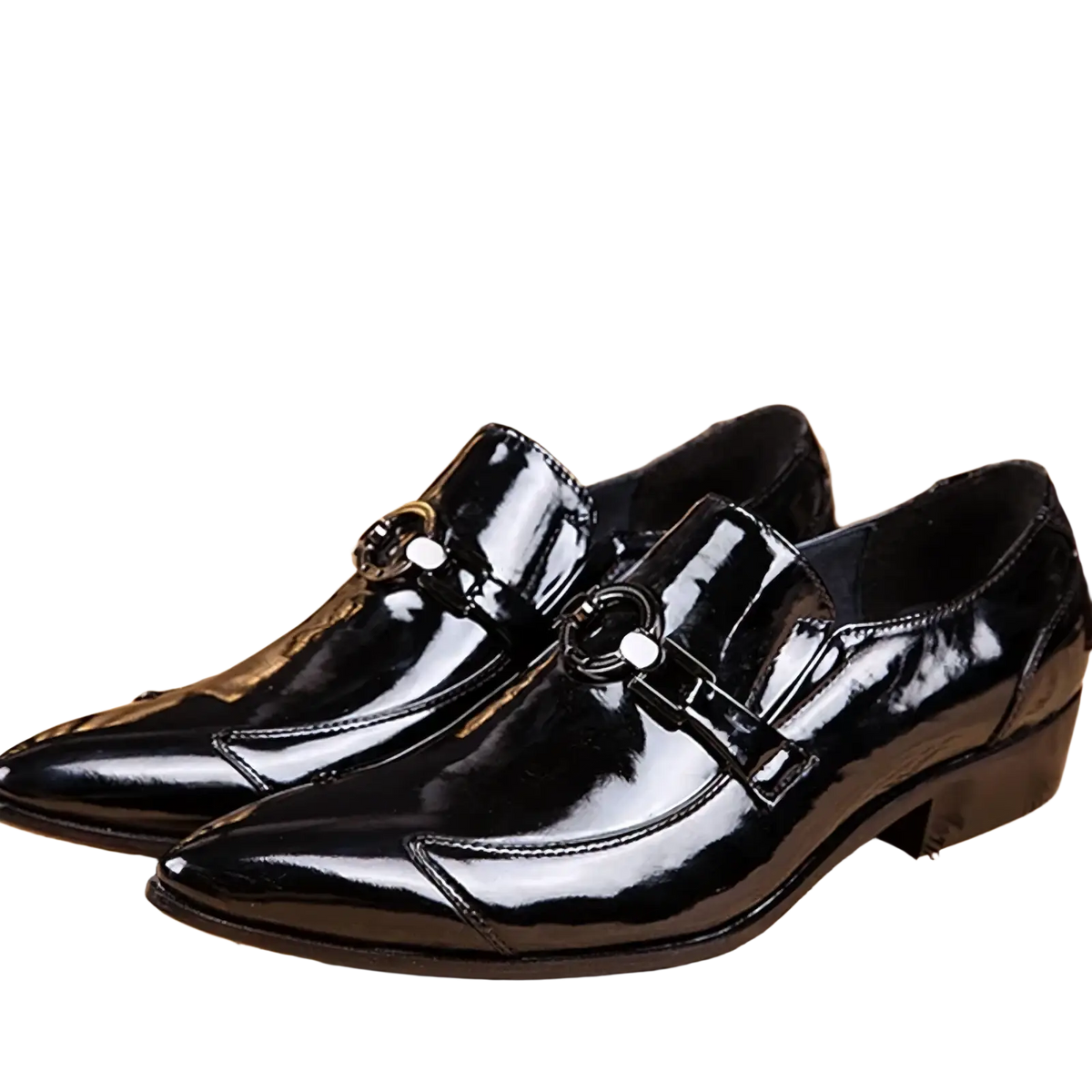 Men genuine leather pointed toe dress shoes in black patent leather with glossy finish and decorative metal buckles