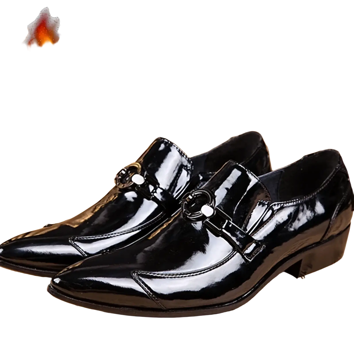 Men genuine leather pointed toe dress shoes in black patent leather with glossy finish and decorative metal buckles