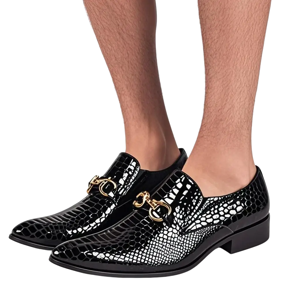 Men genuine leather pointed toe dress shoes in black patent leather with glossy crocodile pattern and gold horsebit buckle