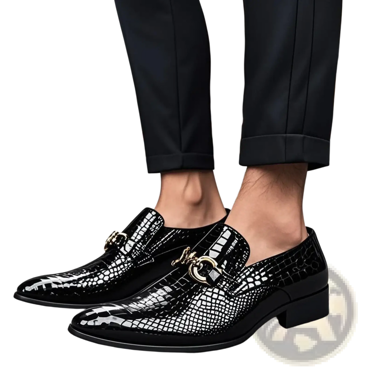 Men genuine leather pointed toe dress shoes featuring black patent leather loafers with glossy crocodile pattern and gold buckles
