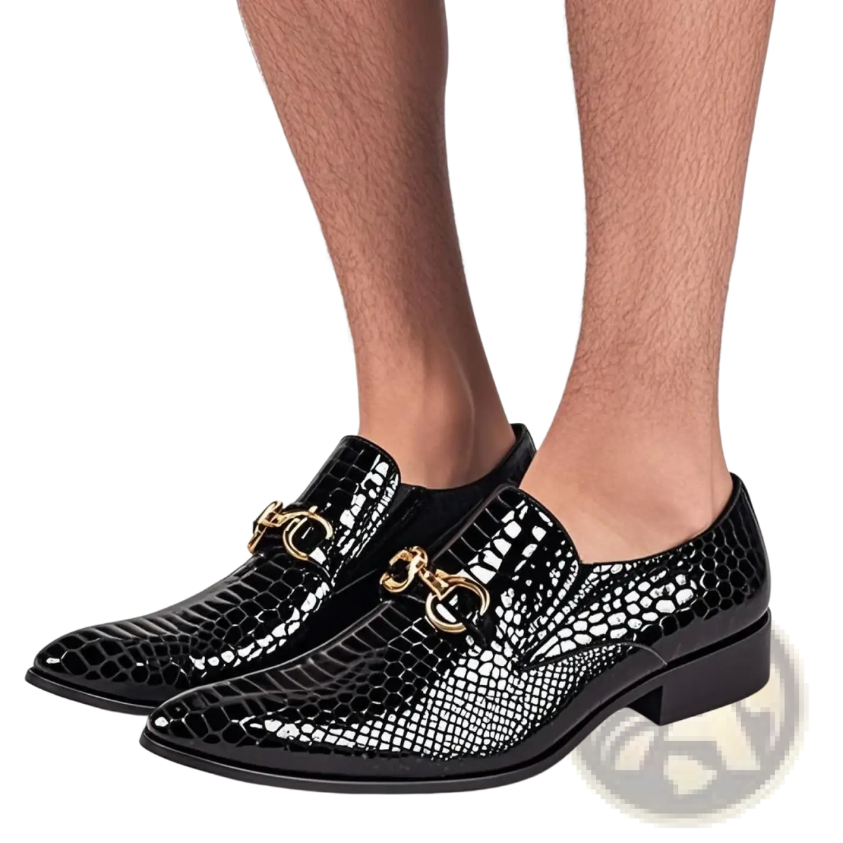 Men genuine leather pointed toe dress shoes in black patent leather with glossy crocodile pattern and gold horsebit buckle