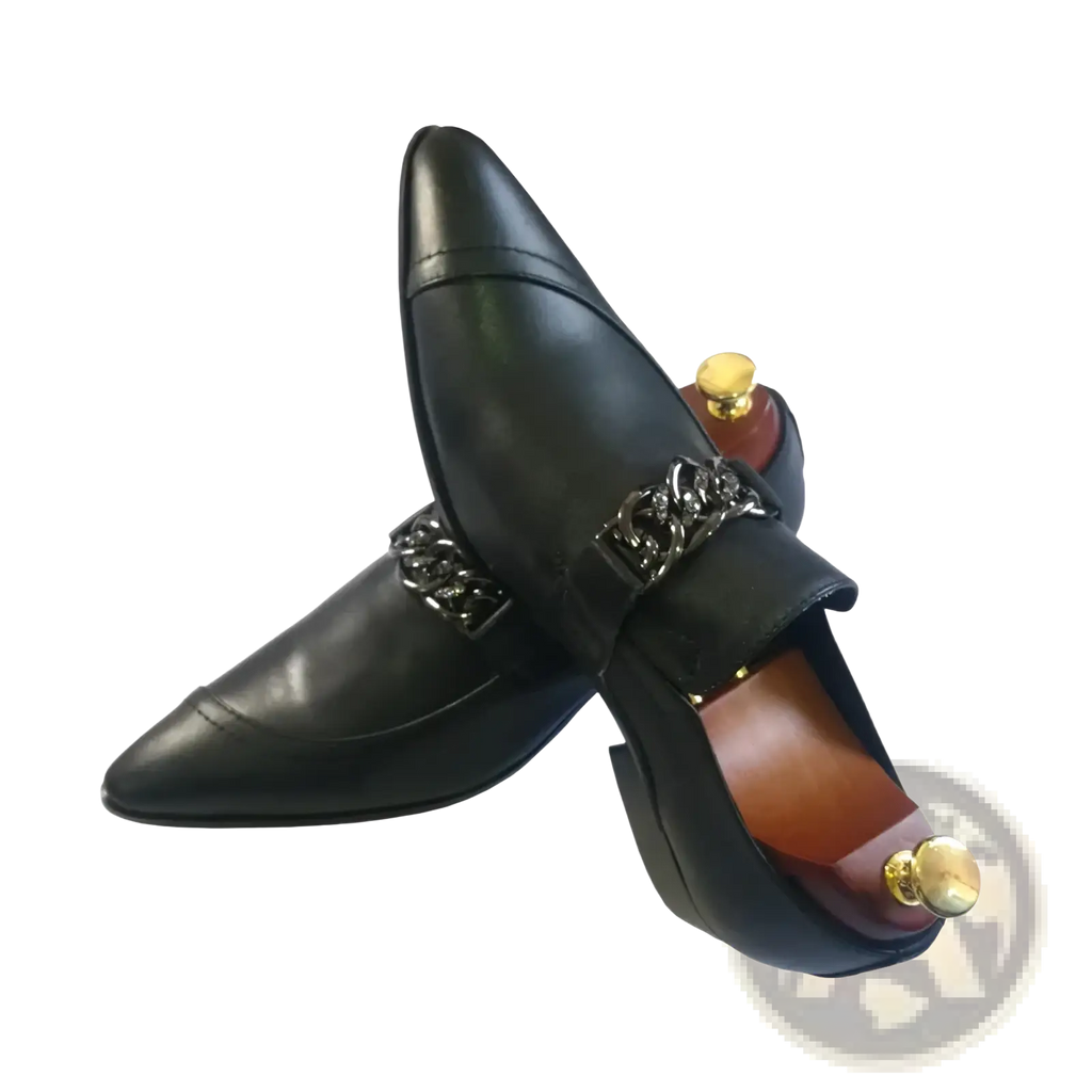 Men genuine leather black slip-on dress shoes with pointed toe and silver chain detailing across the vamp