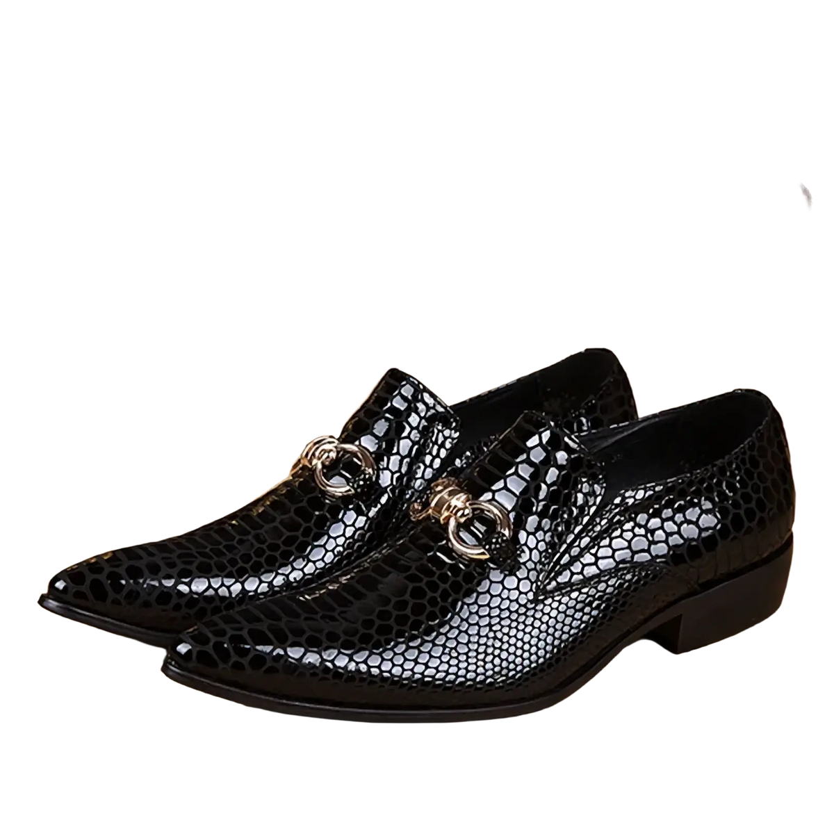 Men genuine leather pointed toe dress shoes in black snakeskin pattern with silver-toned metal buckles