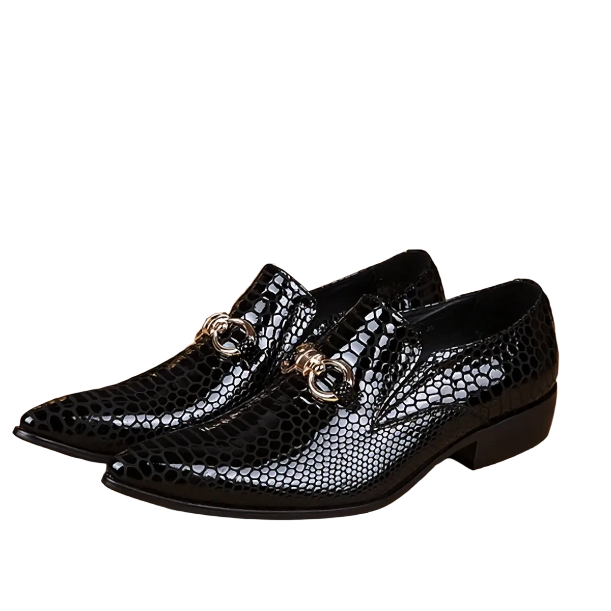 Men genuine leather pointed toe dress shoes in black snakeskin pattern with gold toned metal buckle loafers