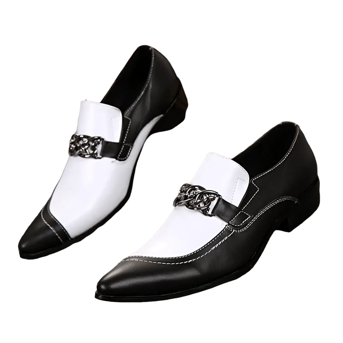 Men genuine leather pointed toe dress shoes in black and white two-tone leather with silver chain-link buckle