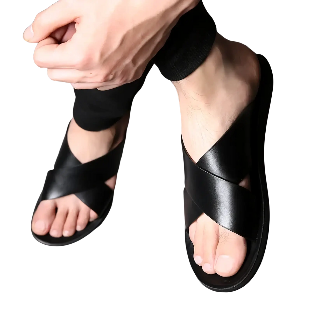 Men genuine leather slide sandals in black with a cross-over strap design for casual wear