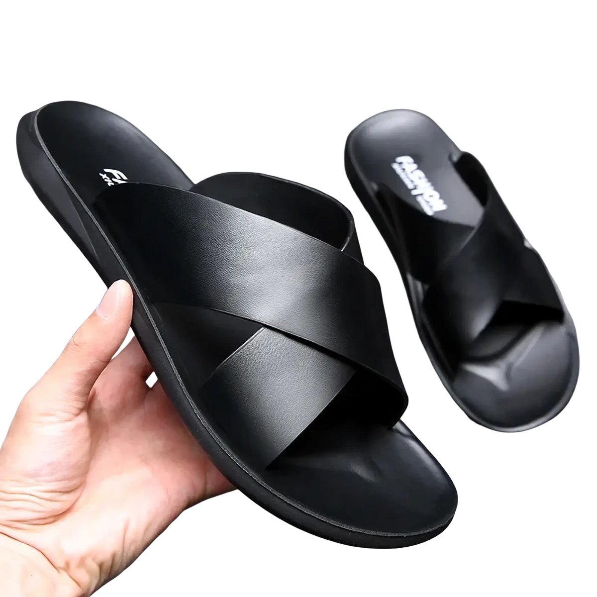 Black genuine leather men slide sandals with a cross-over strap design perfect for casual wear
