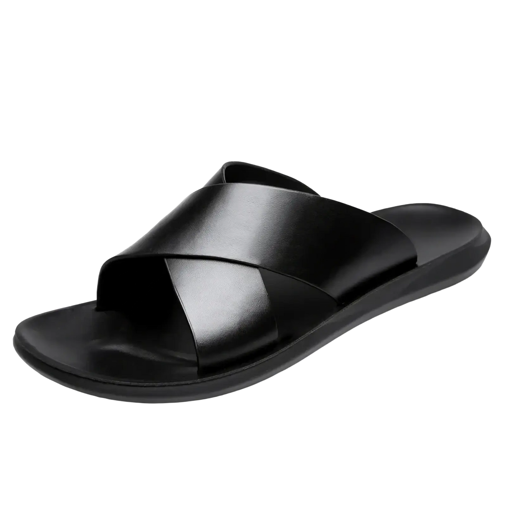 Black leather men genuine leather slide sandal with a sleek cross-over strap design for casual wear