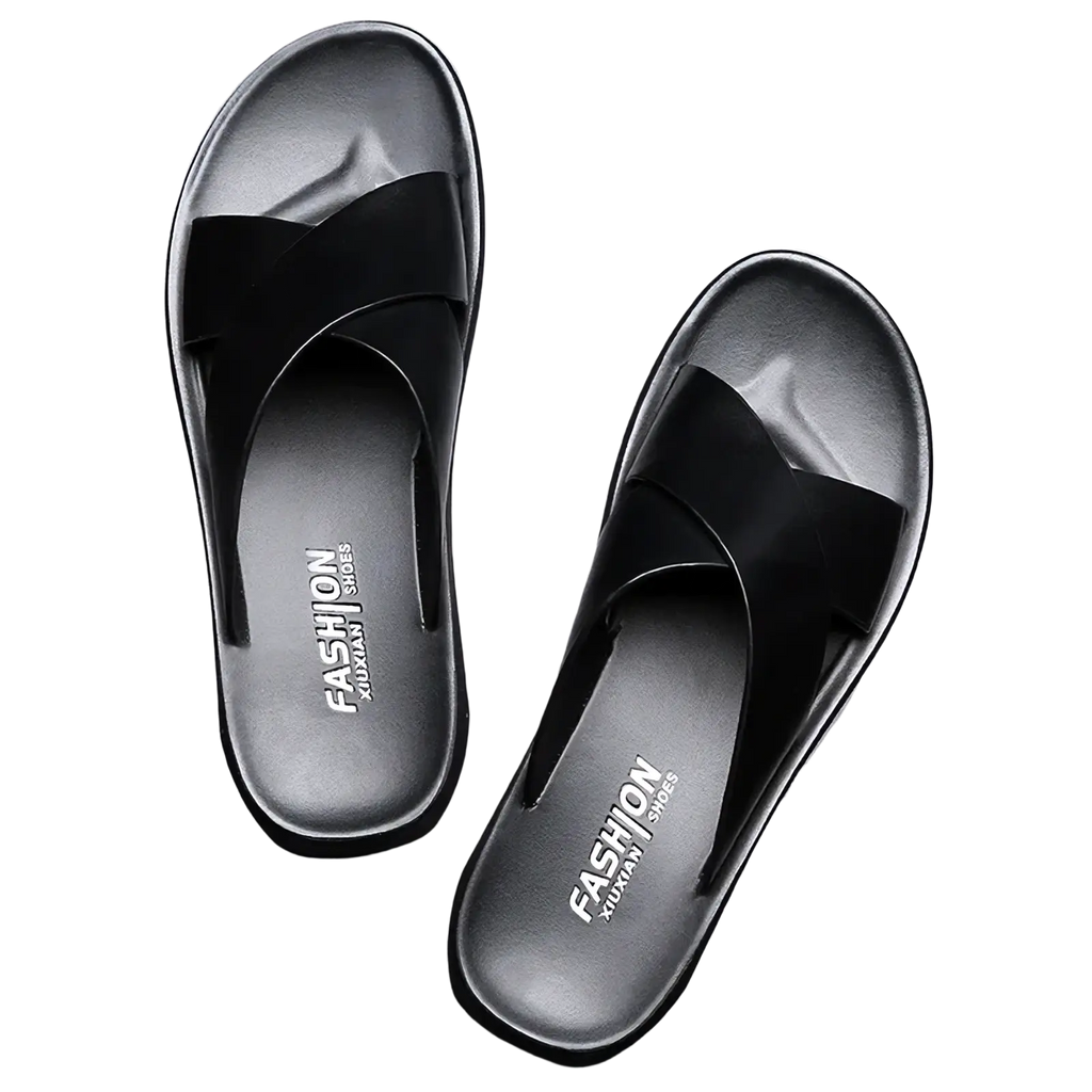 Men genuine leather slide sandals in black with cross straps glossy finish and molded rubber sole for casual wear