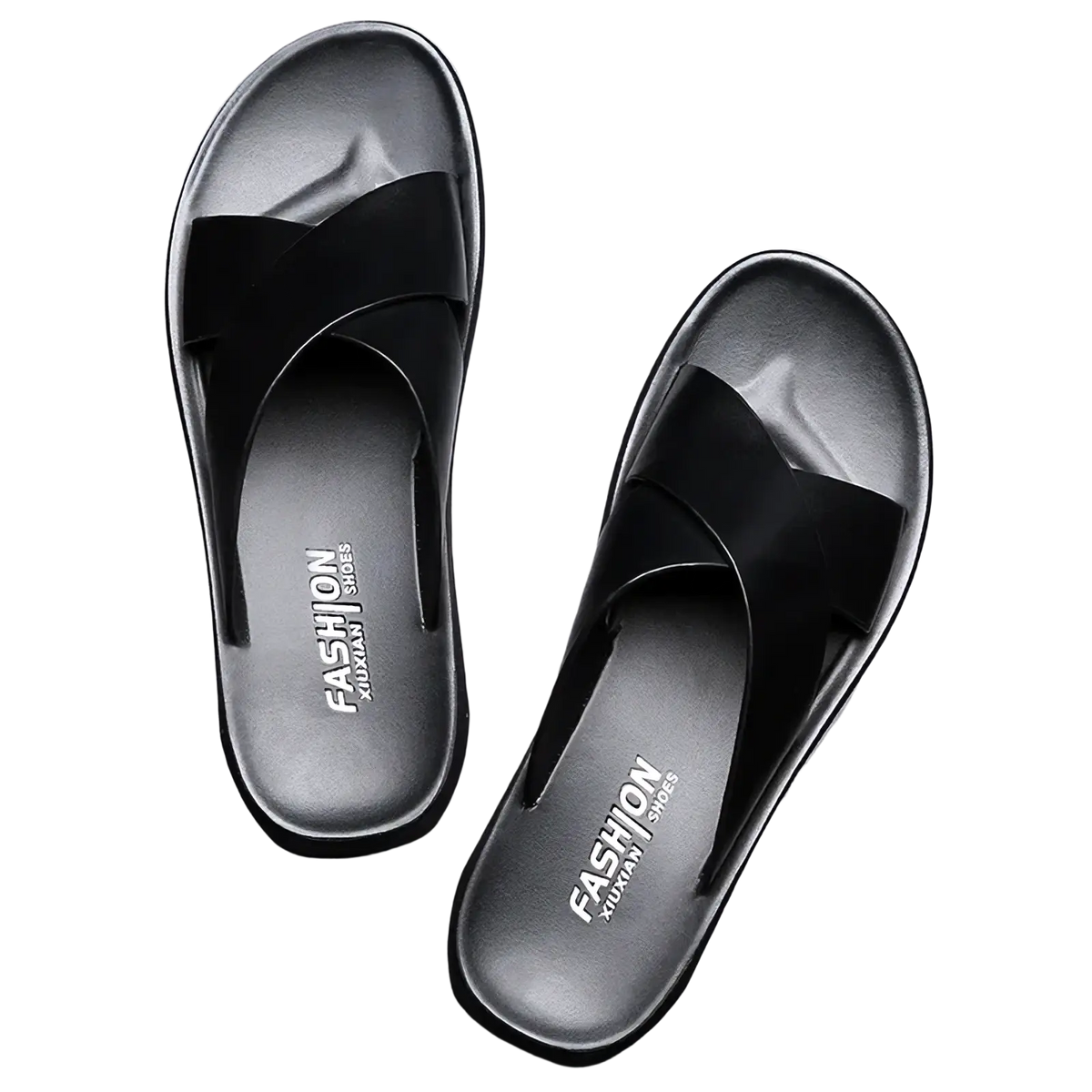 Men genuine leather slide sandals in black with cross straps glossy finish and molded rubber sole for casual wear