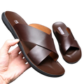 Men genuine leather slide sandals with brown cross over leather straps and black rubber soles
