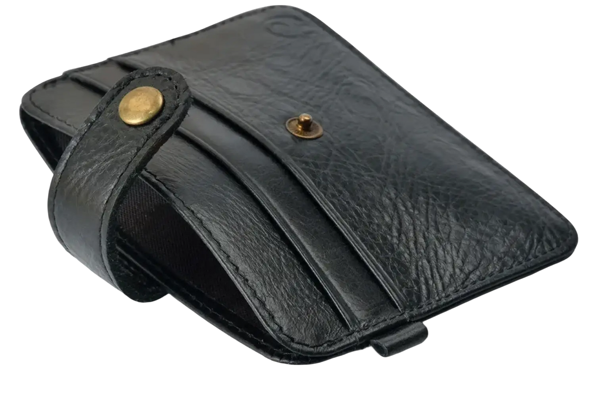 Black genuine leather slim wallet with textured surface and gold-tone metal snap buttons for men