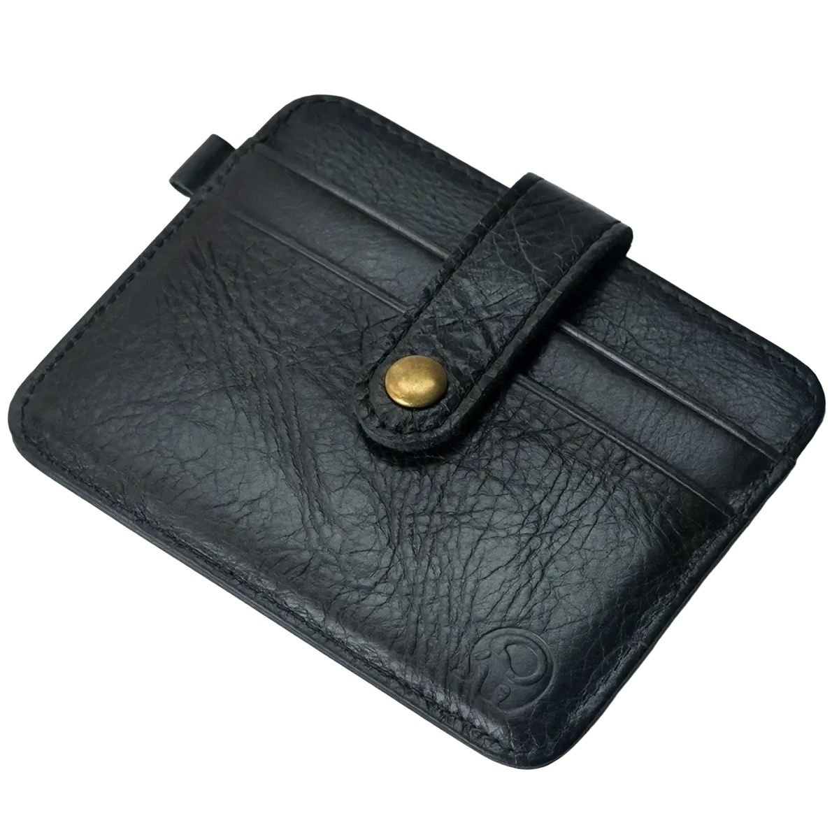 Black leather men genuine leather slim wallet with textured surface, brass-toned snap button, and subtle edge stitching
