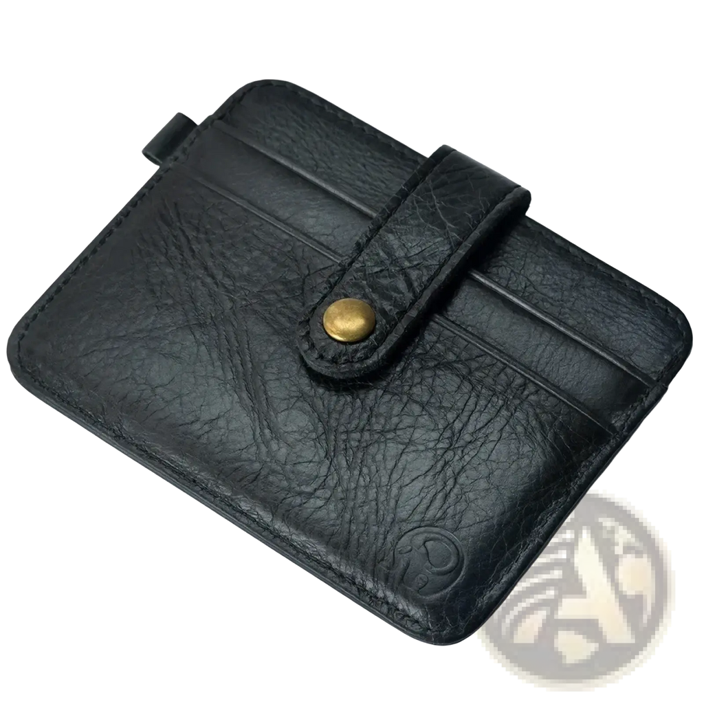Men genuine leather slim wallet black leather card holder with textured surface and brass-toned snap button closure