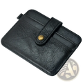 Men genuine leather slim wallet black leather card holder with textured surface and brass-toned snap button closure