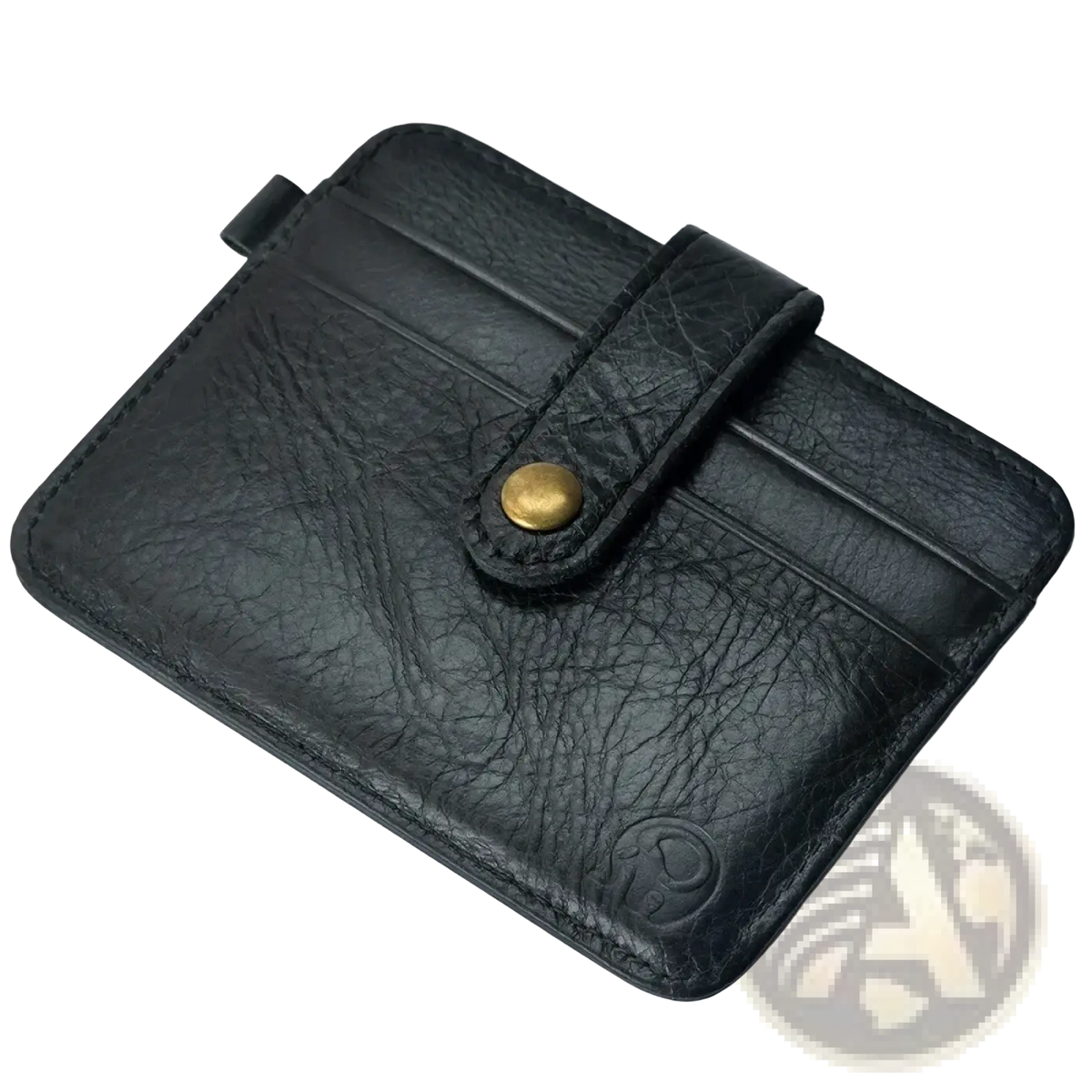 Men genuine leather slim wallet black leather card holder with textured surface and brass-toned snap button closure