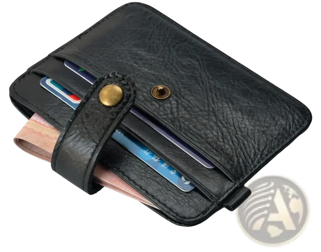 Men genuine leather slim wallet in black textured leather with brass-toned snap closure and card slots