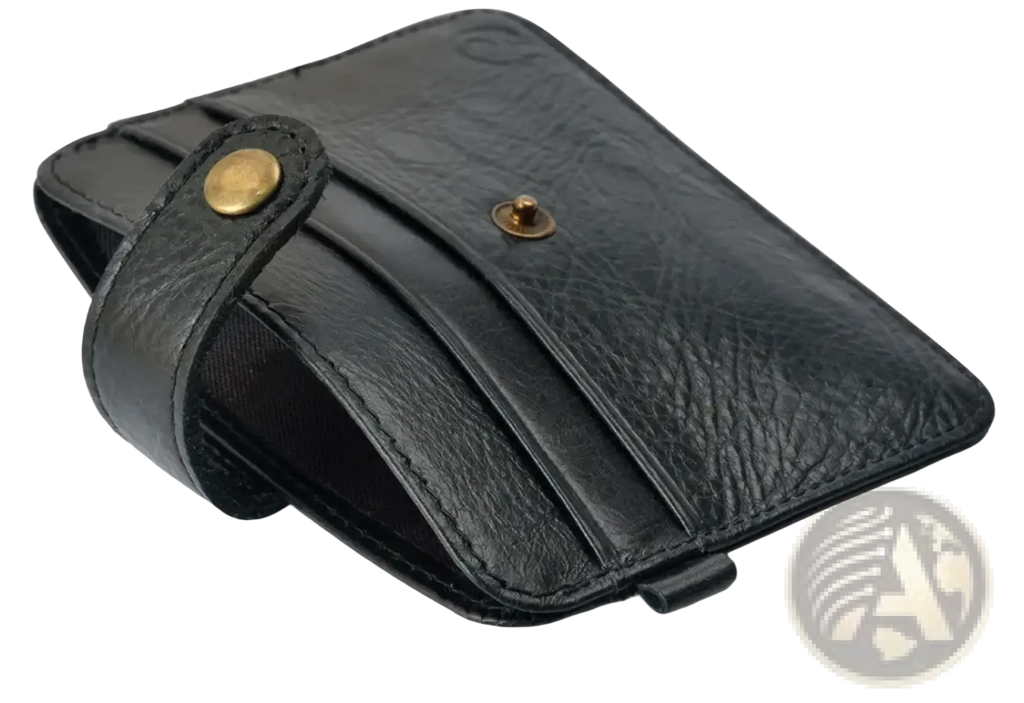 Black genuine leather slim wallet with textured surface and gold-tone metal snap buttons for men