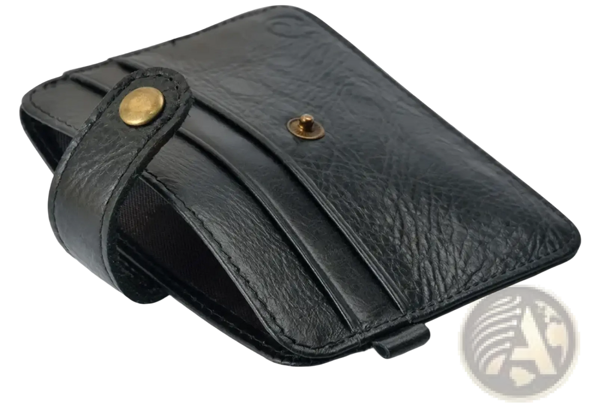 Black genuine leather slim wallet with textured surface and gold-tone metal snap buttons for men