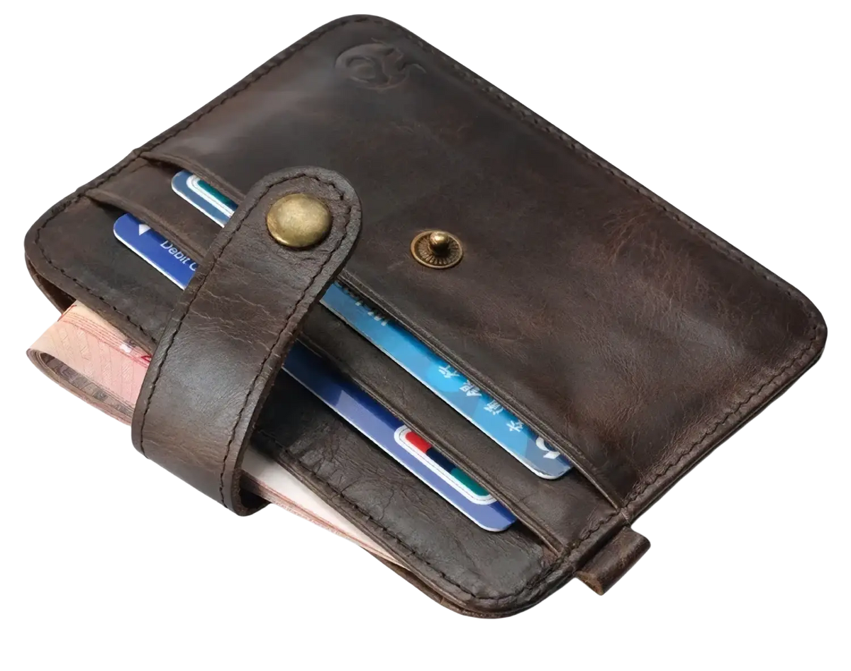 Men genuine leather slim wallet in brown with brass snap closure and visible stitching for secure storage