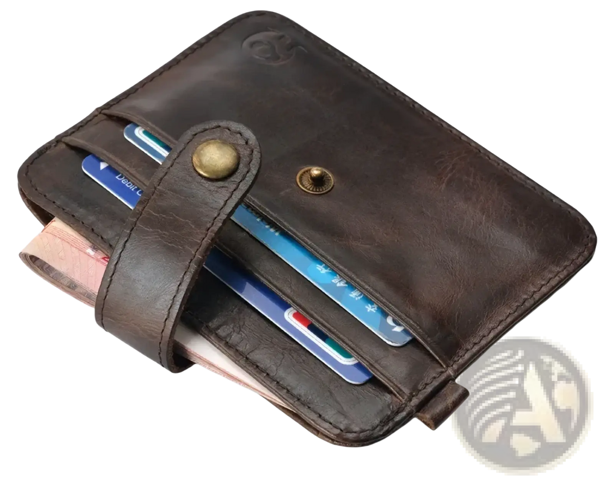 Men genuine leather slim wallet in brown with brass snap closure and visible stitching for secure storage