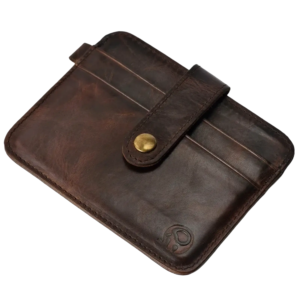 Men genuine leather slim wallet in dark brown with brass snap closure and stitched edges for secure card holding
