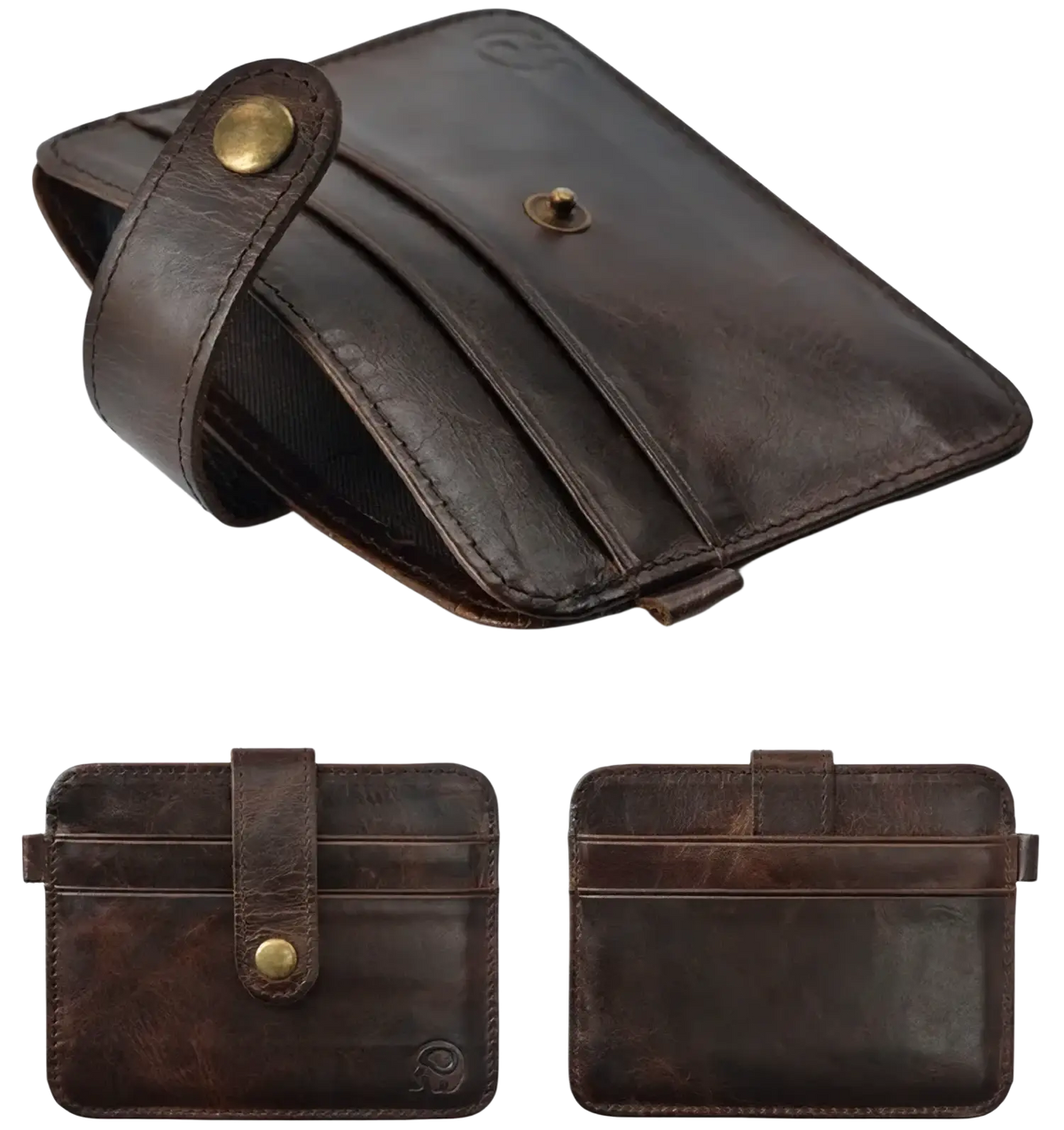 Men genuine leather slim wallet in dark brown with brass-toned snap buttons and visible stitching