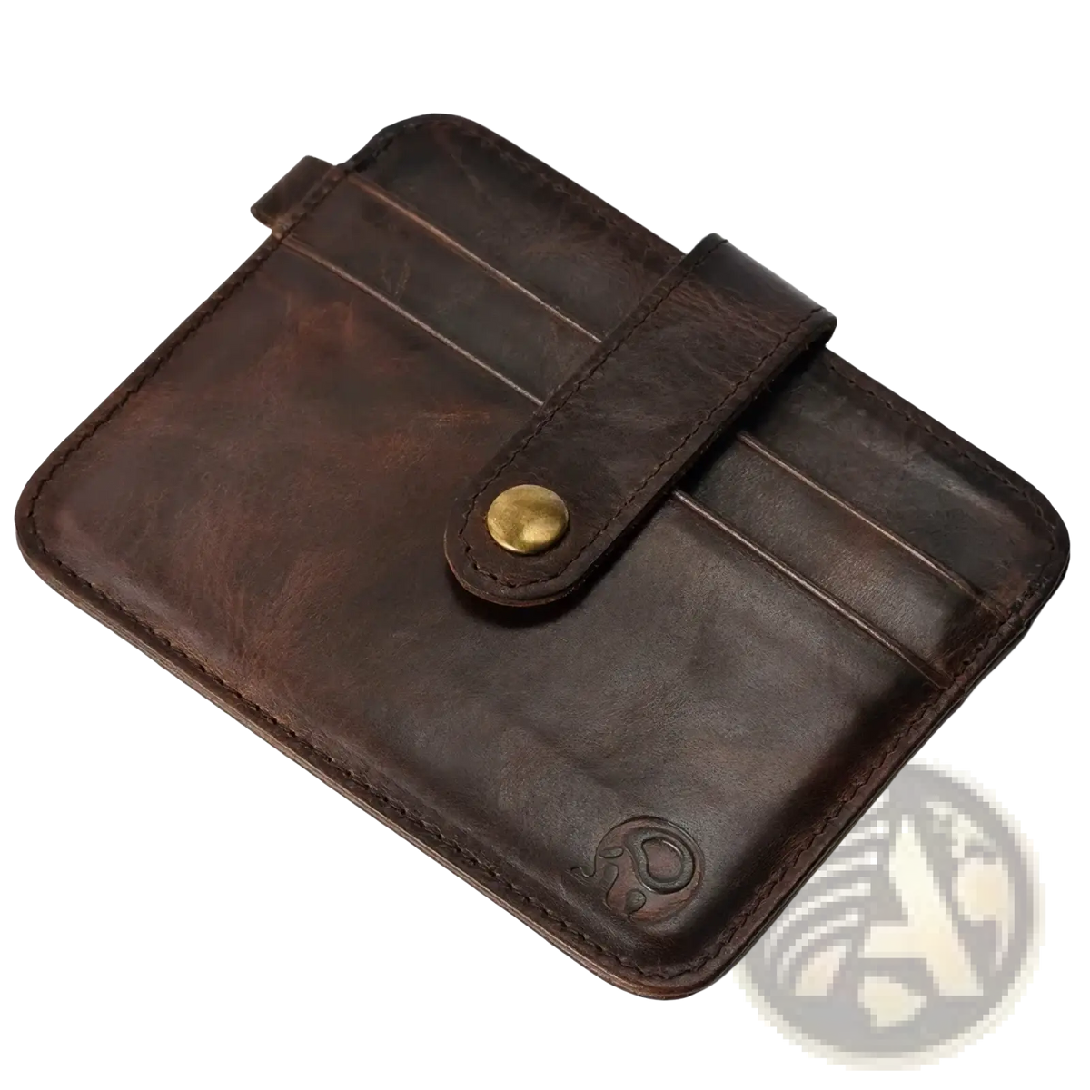 Men genuine leather slim wallet in dark brown with brass snap closure and stitched edges for secure card holding