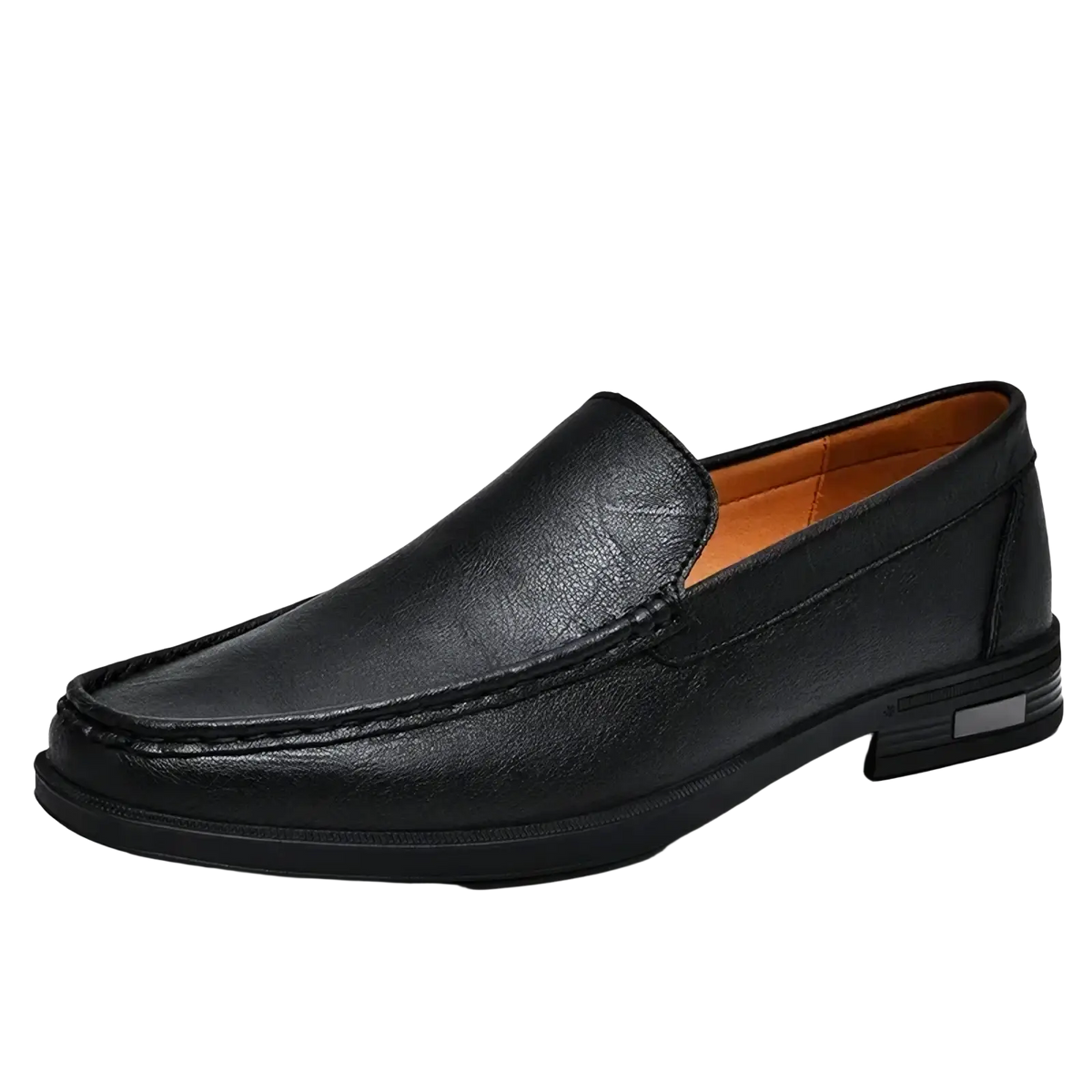 Black leather men genuine leather slip-on dress loafer with smooth finish and tan interior lining