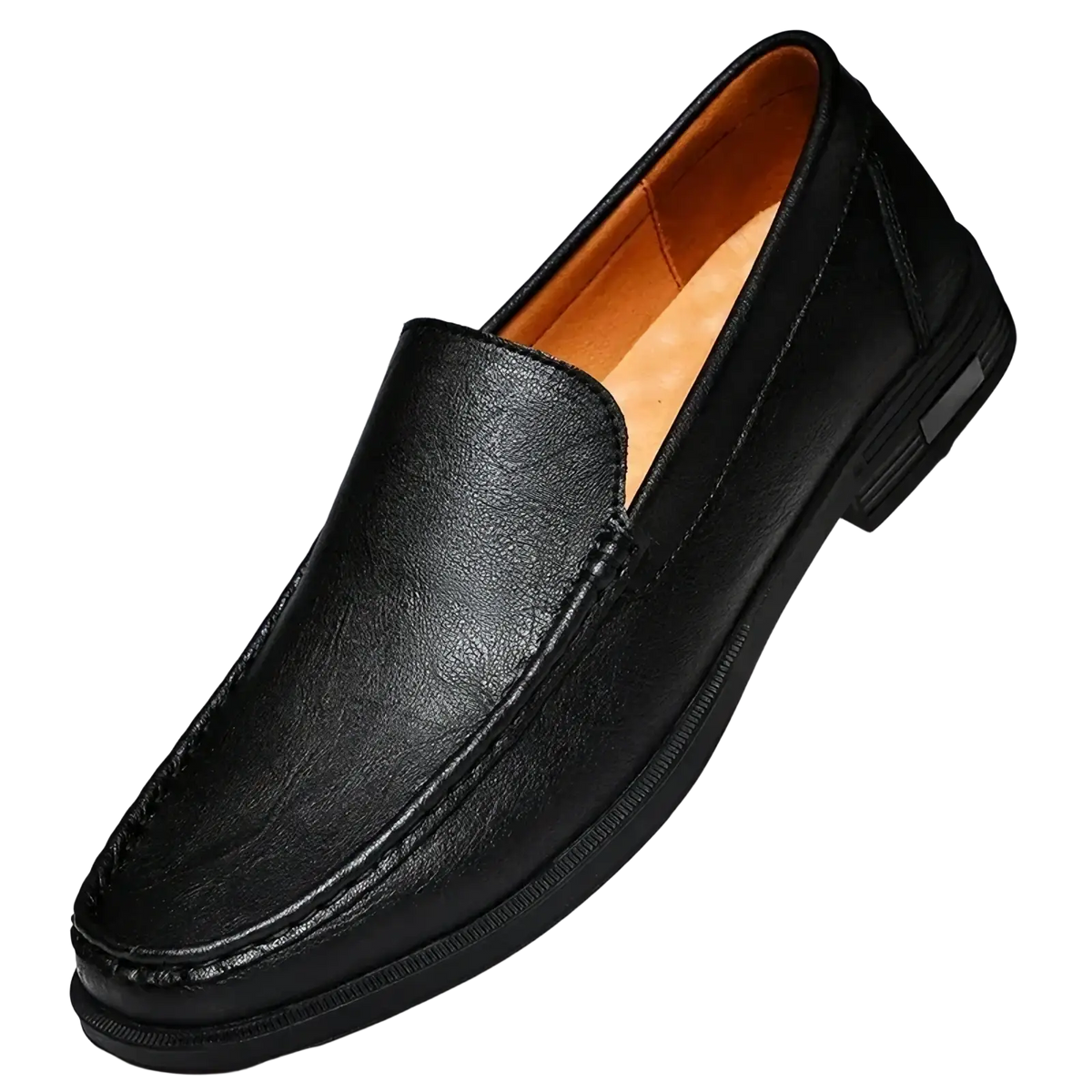 Men genuine leather slip-on dress loafer in black with tan interior lining and textured sole for formal wear