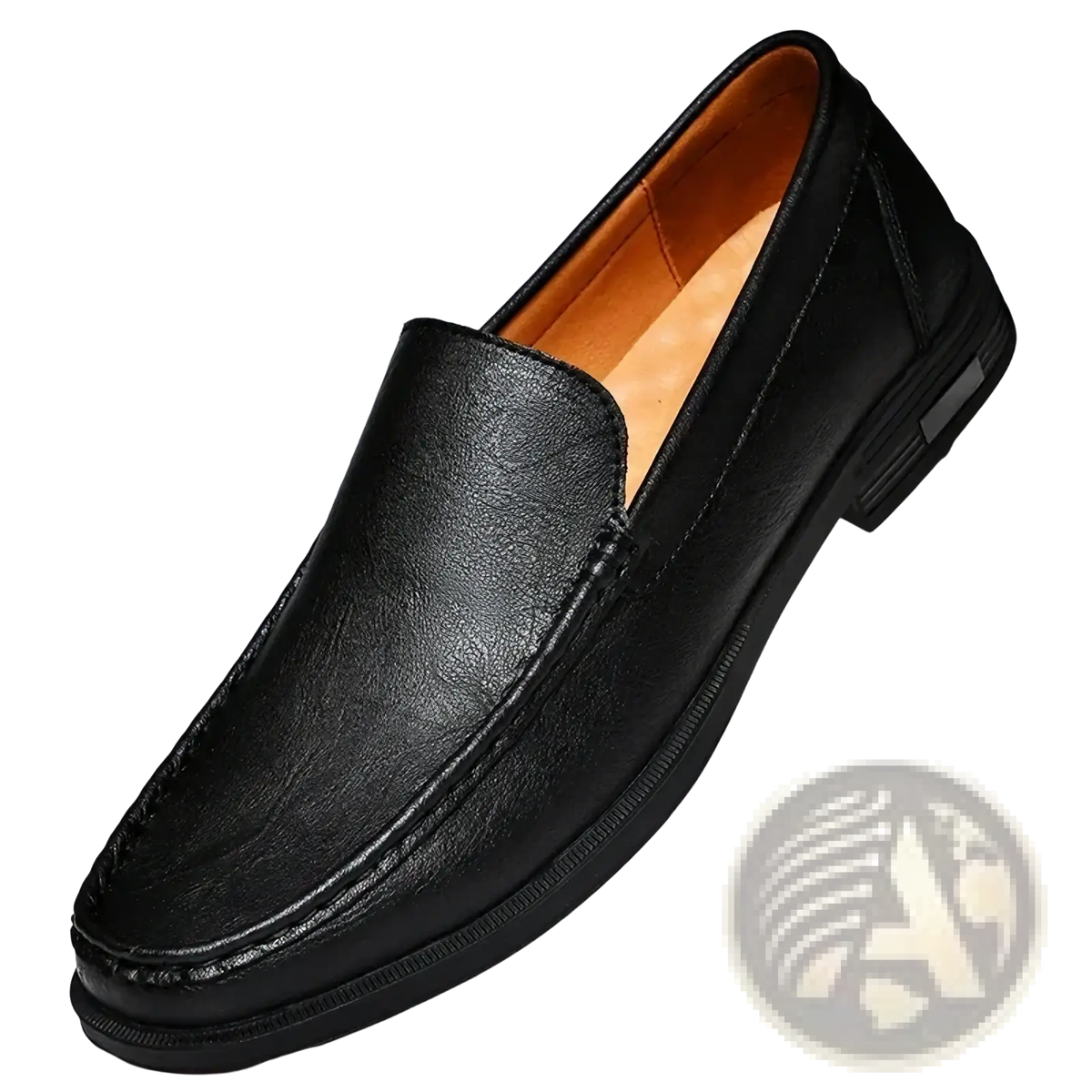 Men genuine leather slip-on dress loafer in black with tan interior lining and textured sole for formal wear