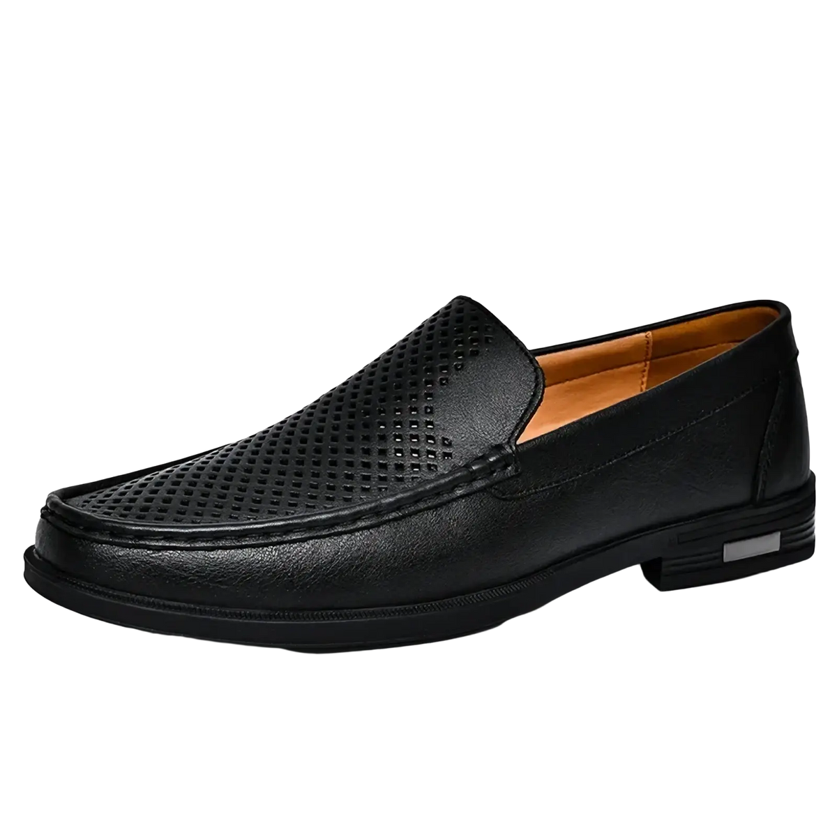 Men genuine leather slip-on dress loafers in black with perforated design tan interior and low-profile rubber sole