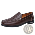 Men genuine leather slip-on dress loafers in brown with perforated upper and white stitching