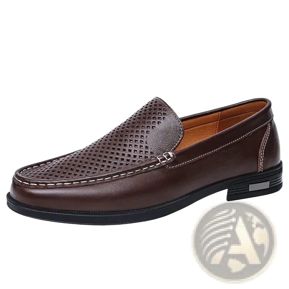 Men genuine leather slip-on dress loafers in brown with perforated upper and white stitching