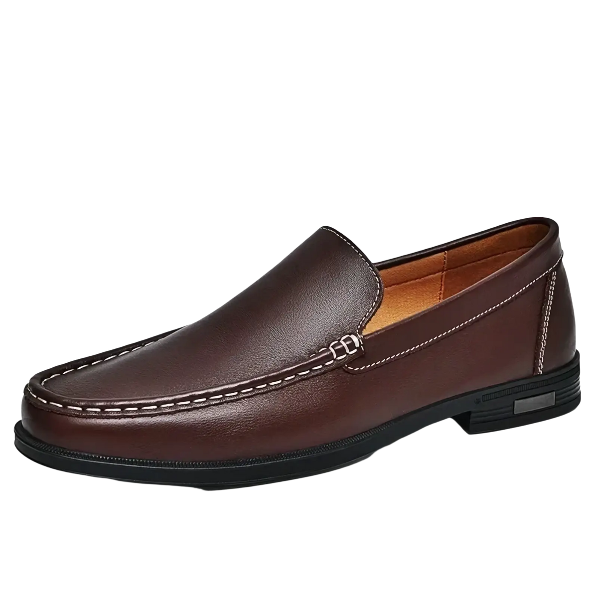 Men genuine leather slip-on dress loafers in brown with contrasting white stitching and black rubber sole