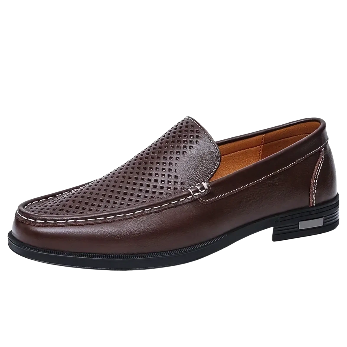 Men genuine leather slip-on dress loafers in brown with perforated upper and white stitching