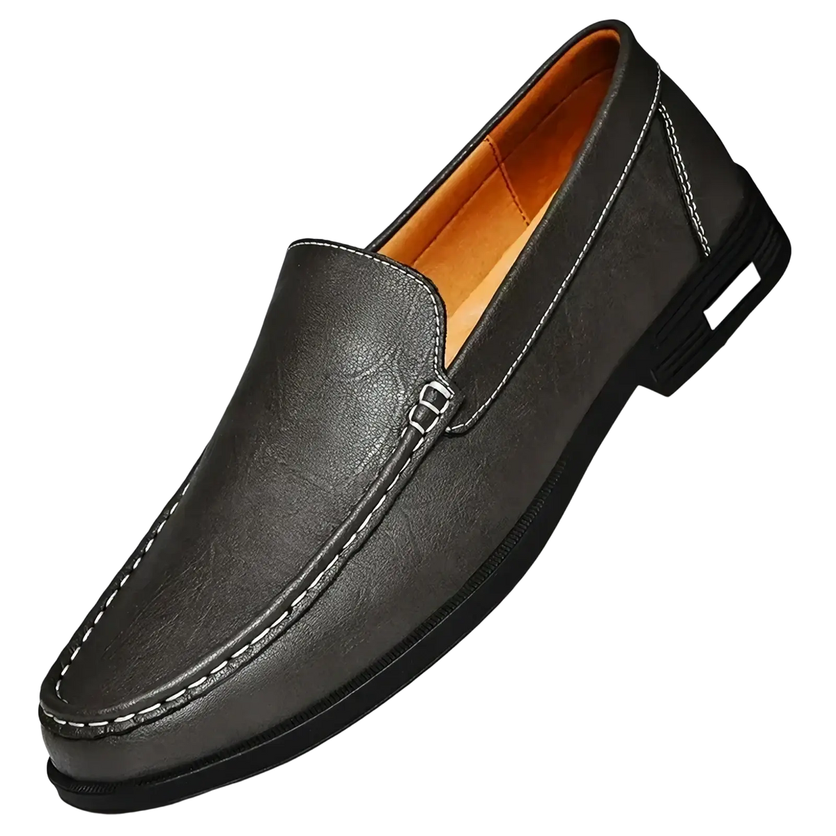 Men genuine leather slip-on dress loafer in dark gray with white stitching and contrasting orange interior