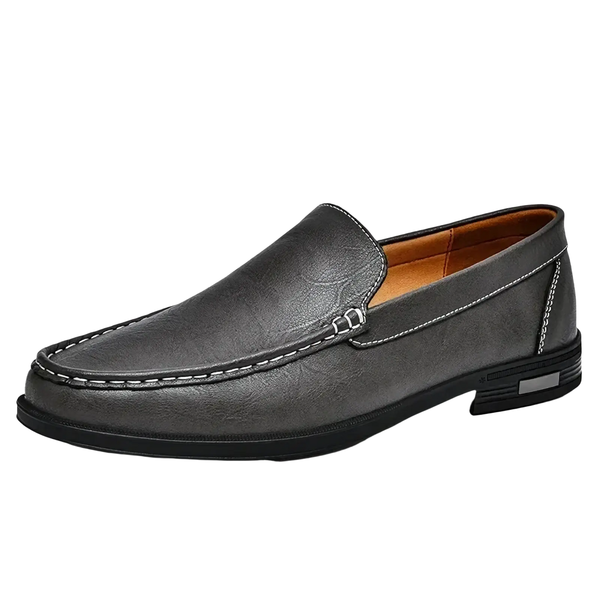 Men genuine leather slip-on dress loafers in dark gray with white stitching and black rubber sole