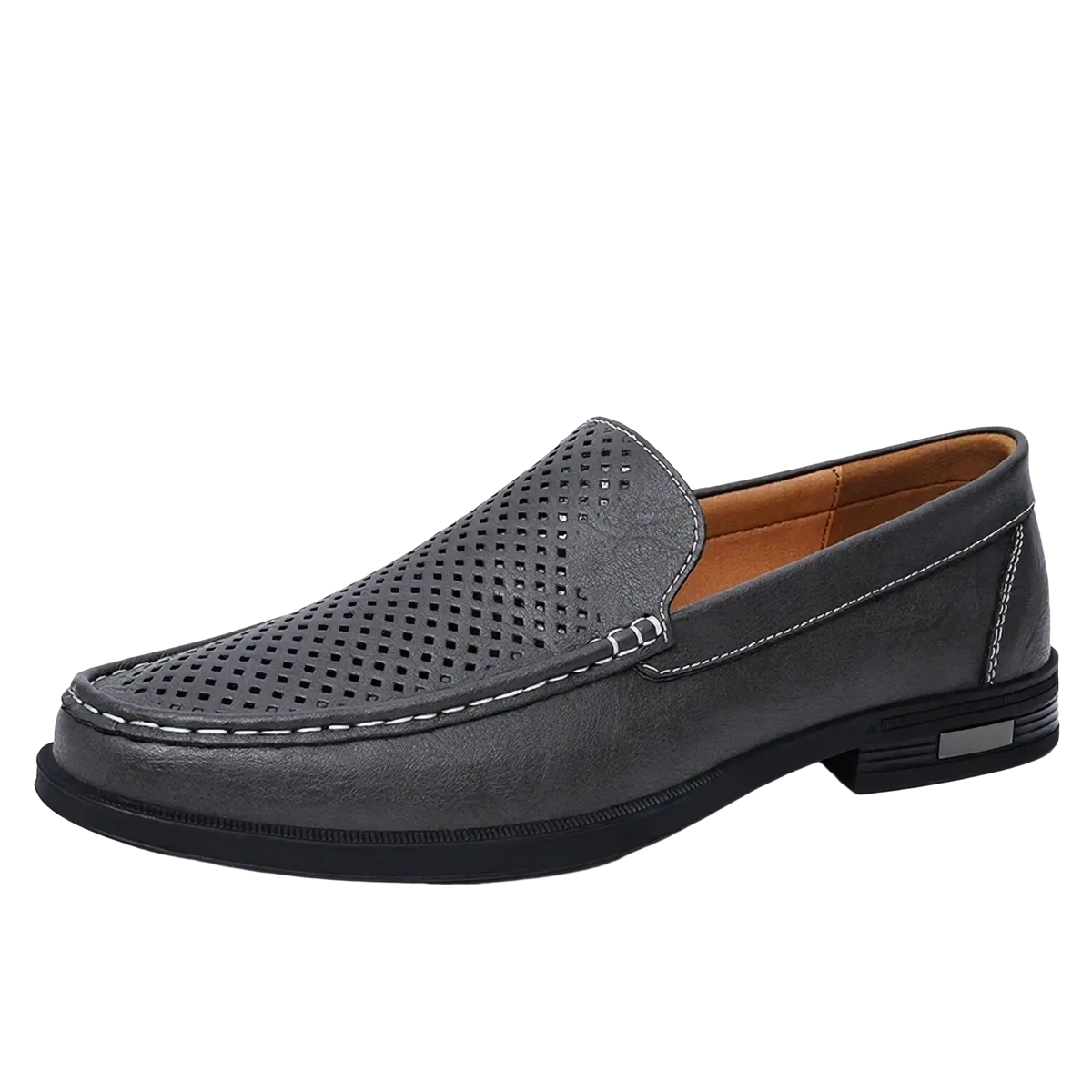 Men genuine leather slip-on dress loafer in dark gray perforated leather with black rubber sole and tan interior lining