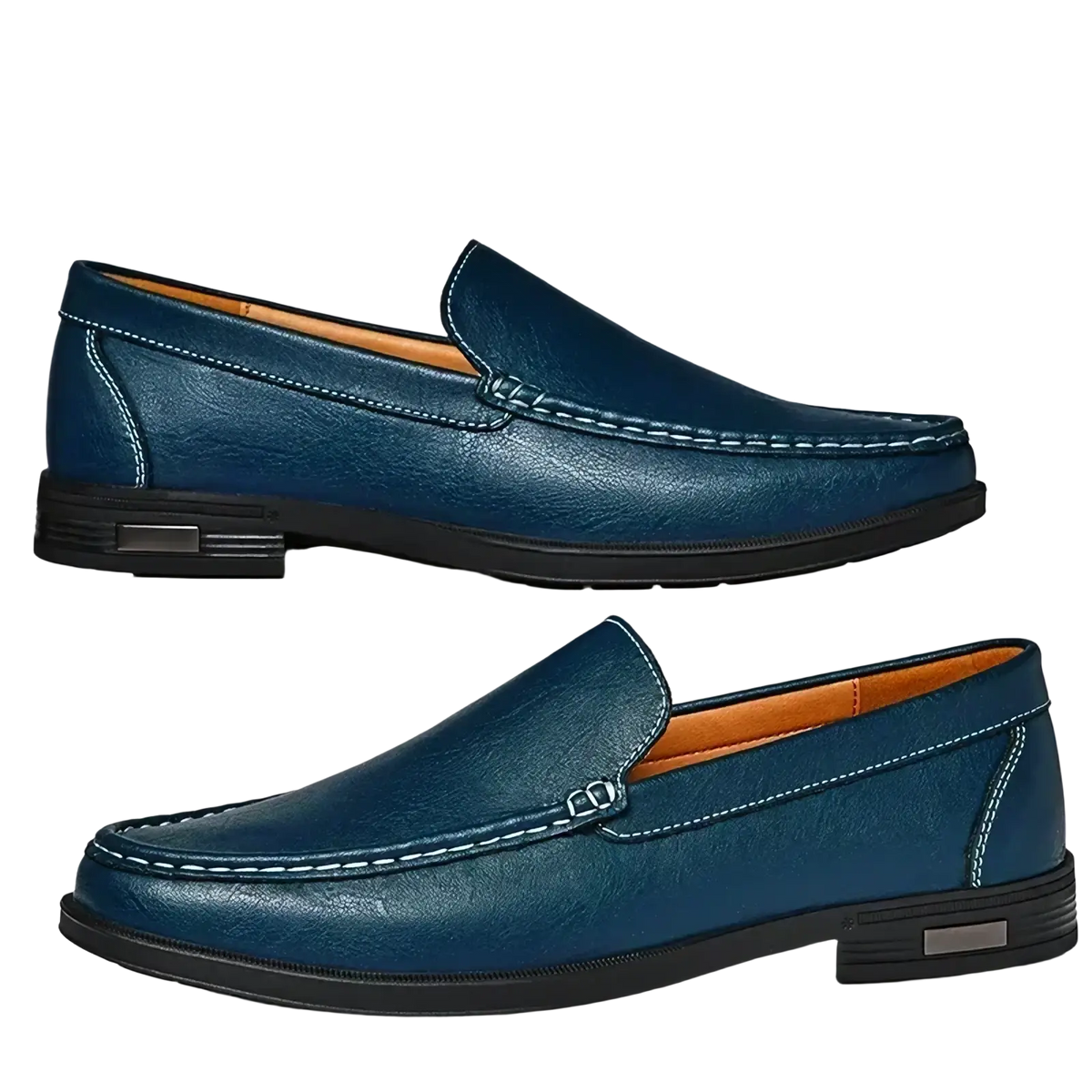 Men genuine leather slip-on dress loafers in deep blue with white stitching and black rubber soles