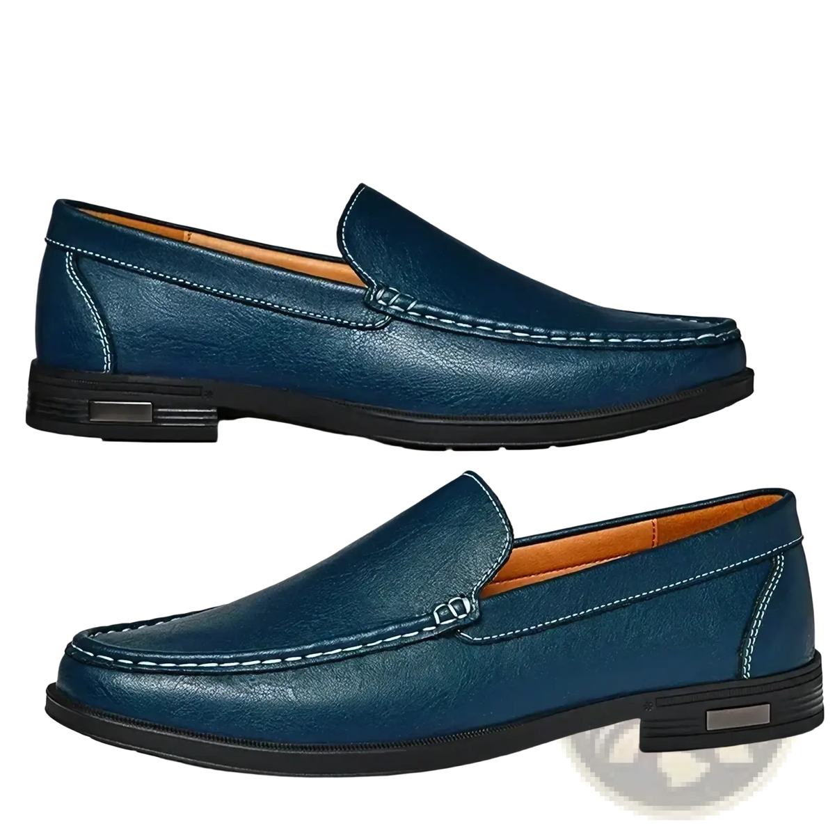 Men genuine leather slip-on dress loafers in deep blue with white stitching and black rubber soles