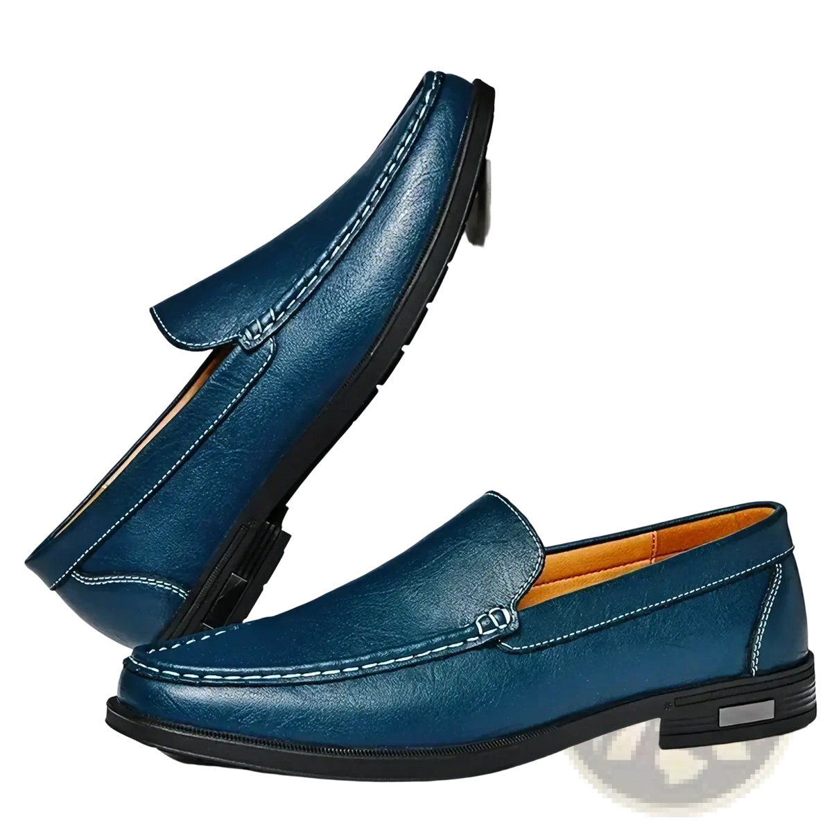 Men genuine leather slip-on dress loafers in deep blue with white stitching and a black rubber sole