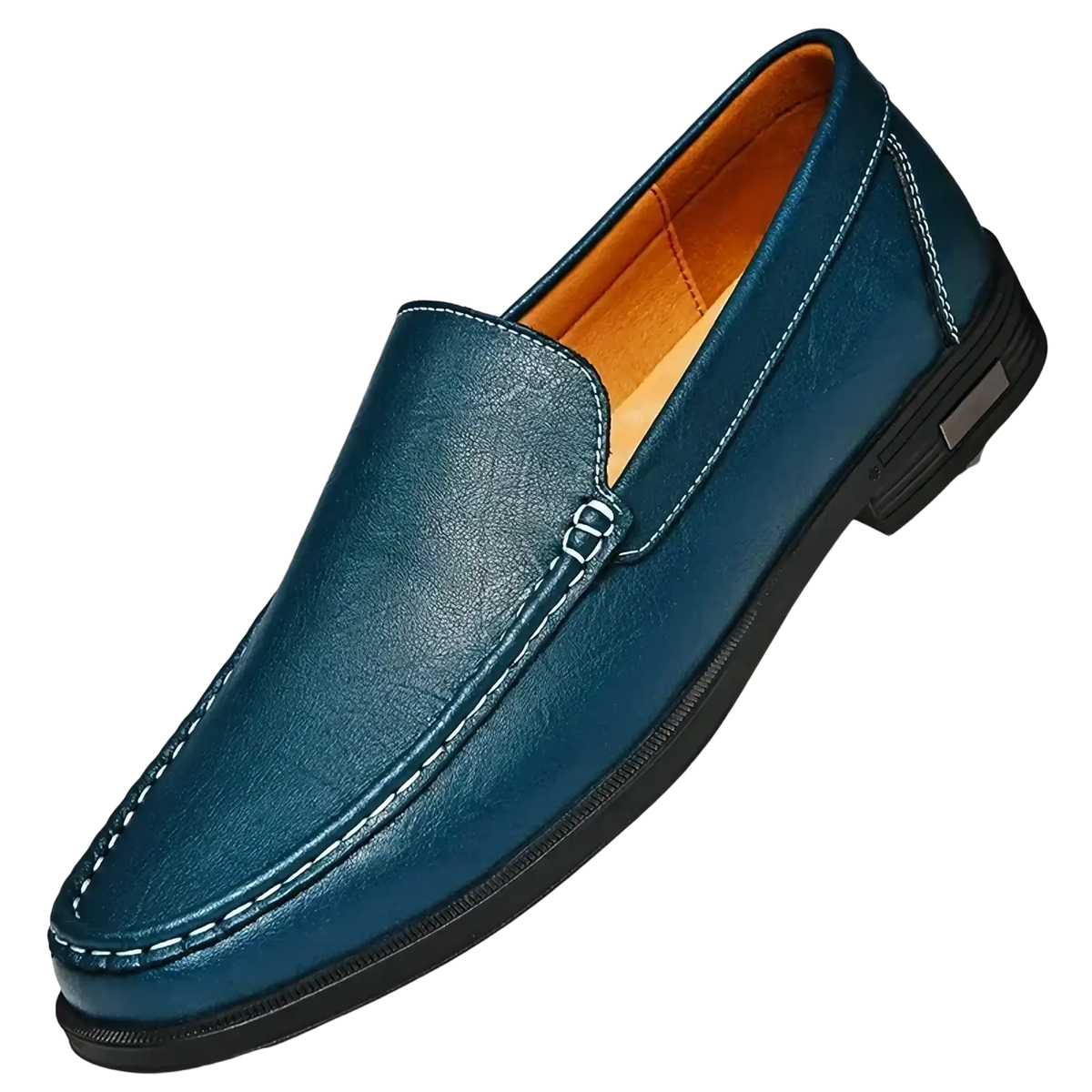 Men genuine leather slip-on dress loafer in teal with white stitching and a black rubber sole