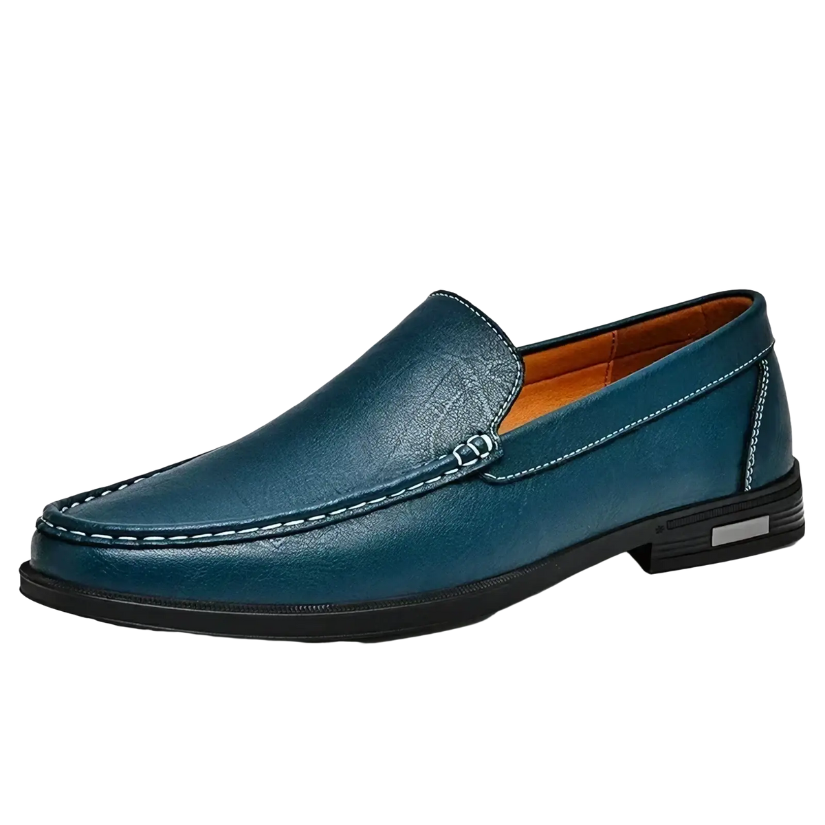 Teal men genuine leather slip-on dress loafer with white stitching and black rubber sole angled view