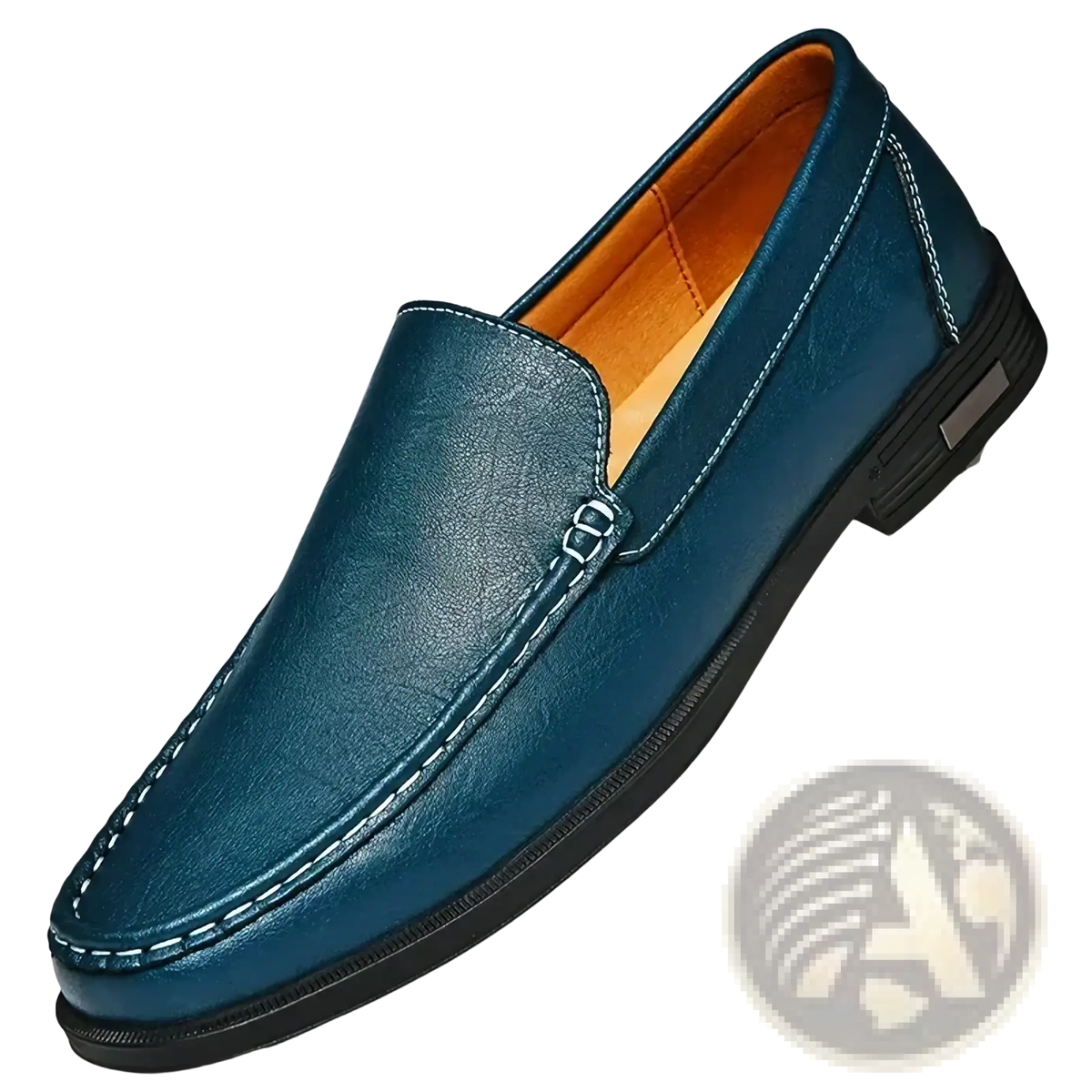 Men genuine leather slip-on dress loafer in teal with white stitching and a black rubber sole