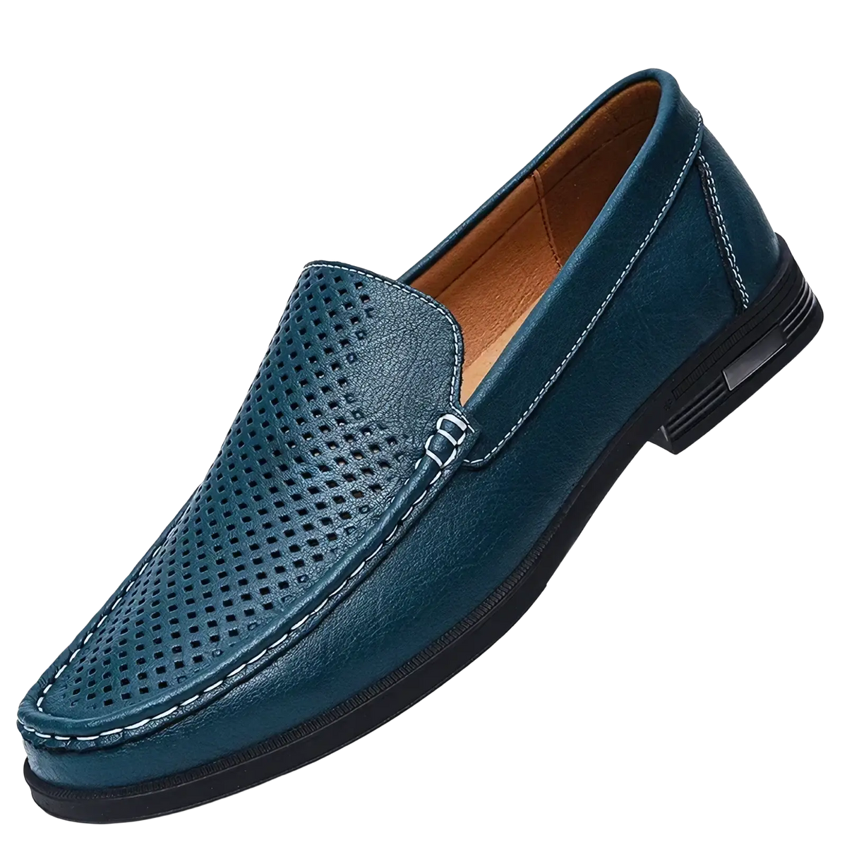 Men genuine leather slip-on dress loafers in teal perforated leather with white stitching and black rubber sole