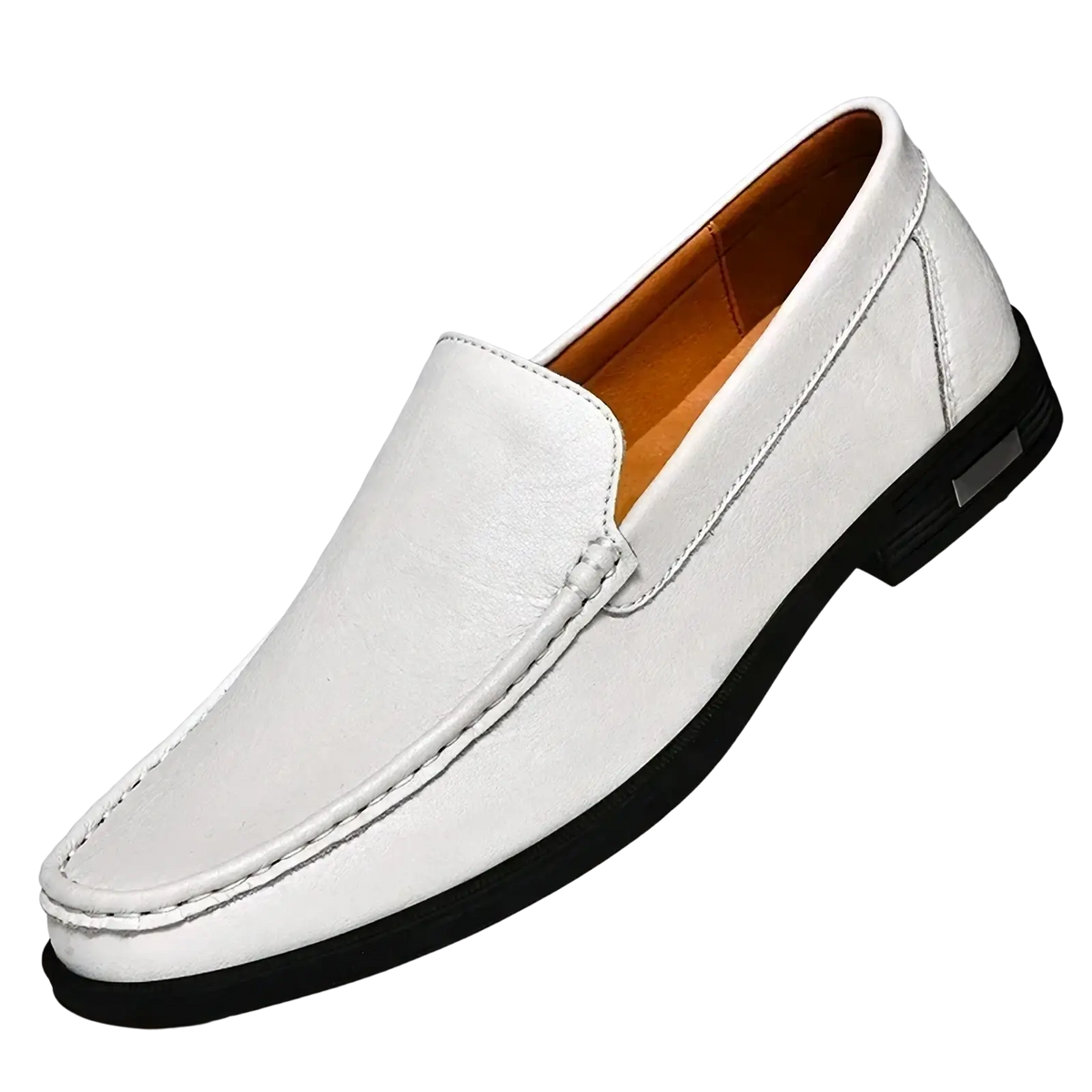 Men genuine leather slip-on dress loafer in white with black rubber sole and tan interior lining