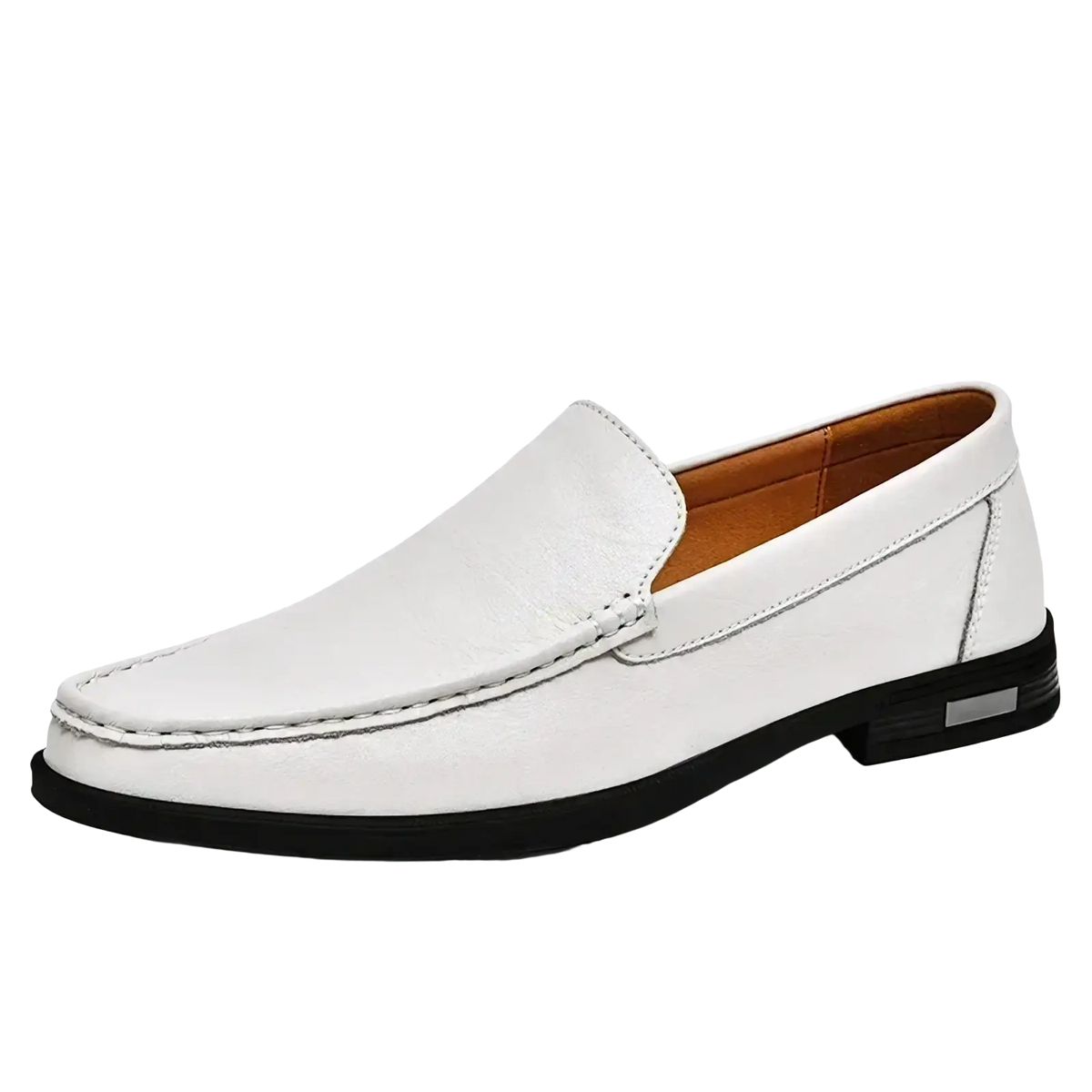 Men genuine leather slip-on dress loafer in white with black rubber sole and tan interior lining